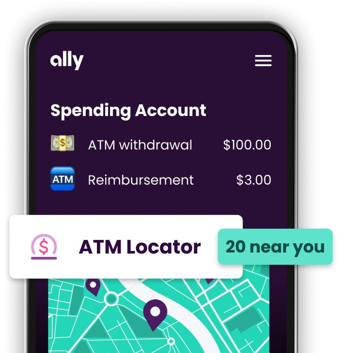 A phone screen showing an ATM withdrawal and reimbursement with the text "ATM Locator 20 near you".