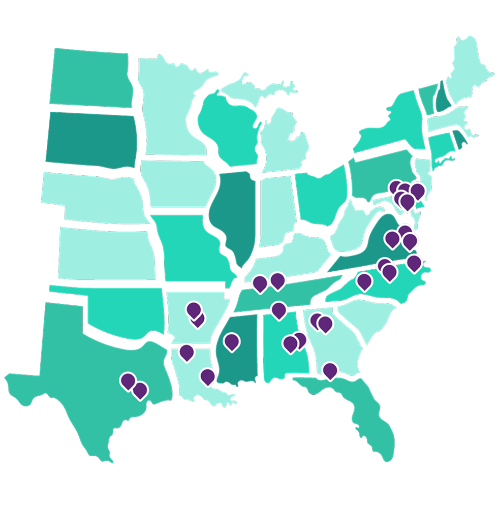 Colorful map with pins of all current participating HBCUs