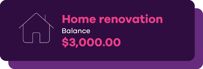 Image of a house with “Home renovation, balance and $3,000” that represents a savings goal.