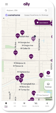 Image showing the homebuyer functionality of comehome. A phone screen shows an interactive map where users can search for available homes within their budget and see listing details.