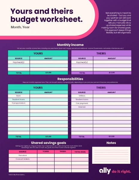 Graphic with title, Yours and theirs budget worksheet. Not everything is meant to be shared – but you and your partner can still work together with a budget that lets you manually divvy up shared expenses while making room for shared goals. This approach keeps things flexible but still organized.