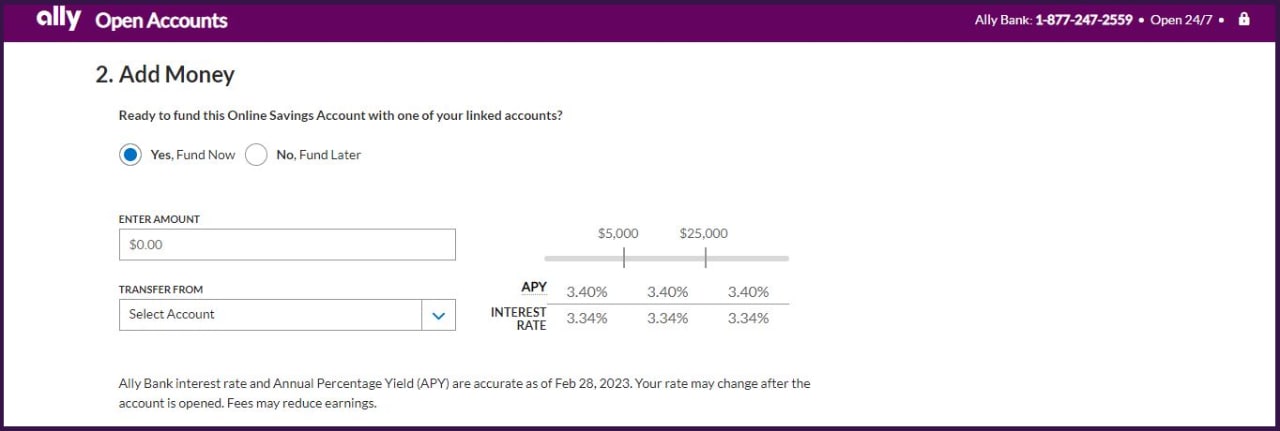 Image shows Ally webpage prompting user to Add Money to their new Online Savings Account. User can choose to fund now or fund later. They are asked to input the amount and where they are transferring the funds from.