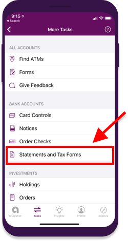 Screenshot of Ally App Statement and Tax Forms 