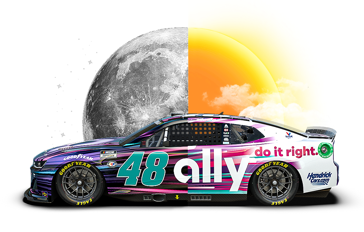 The Ally 48 Camaro, viewed from the side, painted halfway in a black, purple and turquoise paint scheme and half in a white, pink, purple and turquoise paint scheme with a half moon and half sun behind it.