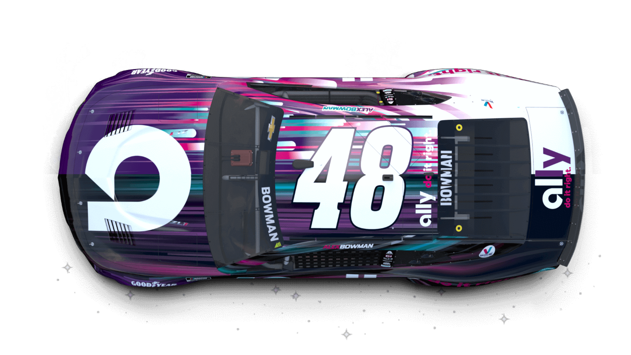 The Ally No. 48 Camaro viewed from above, with the left half featuring a black, purple and turquoise paint scheme and the right half featuring a white, purple, pink and turquoise paint scheme.