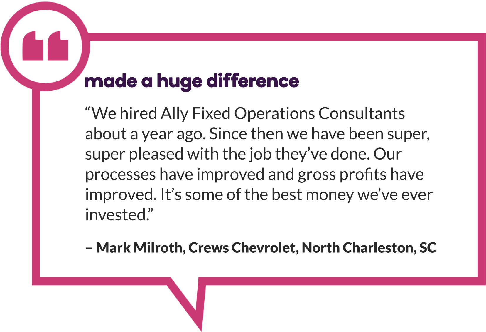 Mark Milroth of Crews Chevrolet in North Charleston, SC says, “We hired Ally Fixed Operations Consultants about a year ago. Since then we have been super, super pleased with the job they’ve done. Our processes have improved and gross profits have improved. It’s some of the best money we’ve ever invested.”