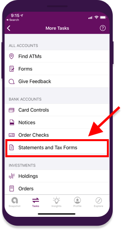 Screenshot of Ally App Statement and Tax Forms