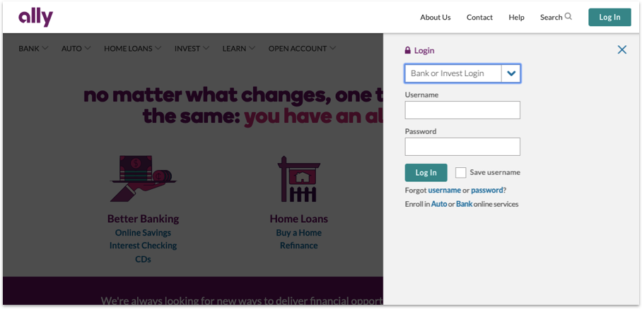 Image of Ally.com home page, with username and password entry fields displayed.