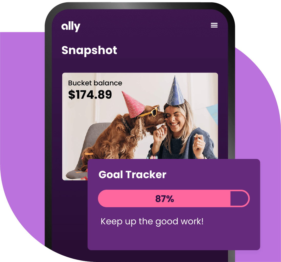 A phone screen depicting a dog in a birthday hat and a savings goal tracker that’s 87% full