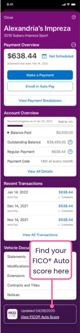 Ally Banking and Invest mobile app vehicle detail page, containing all of a user’s vehicle account information, with a bright red arrow pointing to the view FICO Auto Score content.