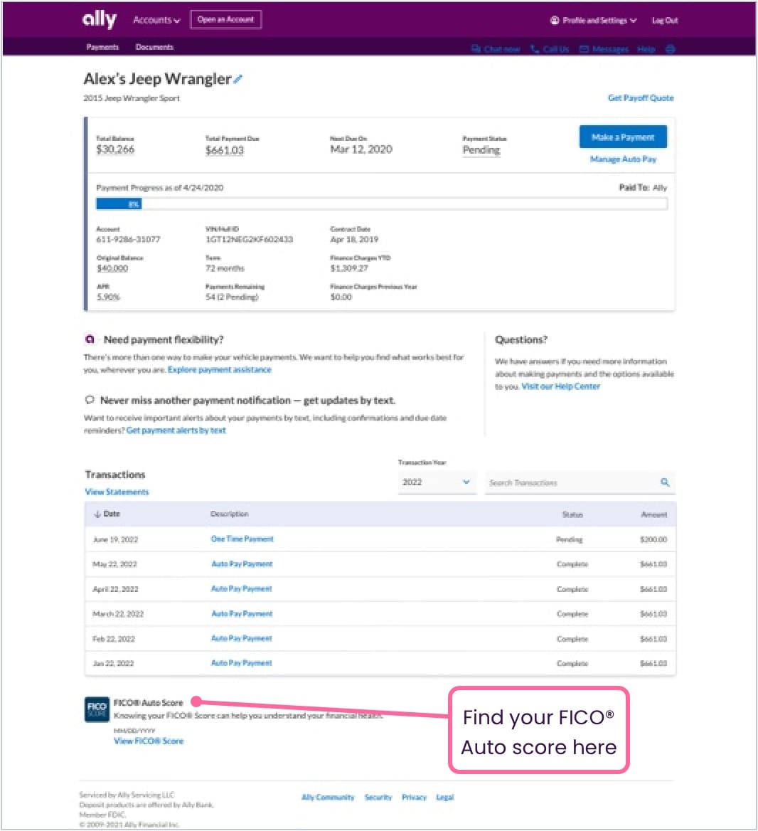 Ally.com vehicle detail page, containing all of a user’s vehicle account information, with a bright red arrow pointing to the view FICO Auto Score content.