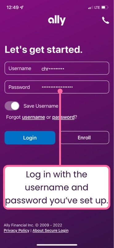Ally Auto App login screen