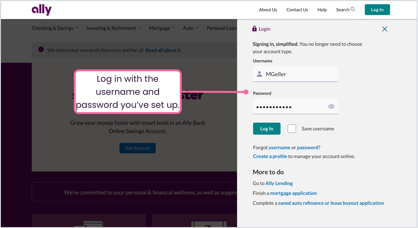 Ally.com login screen with the username and password fields completed