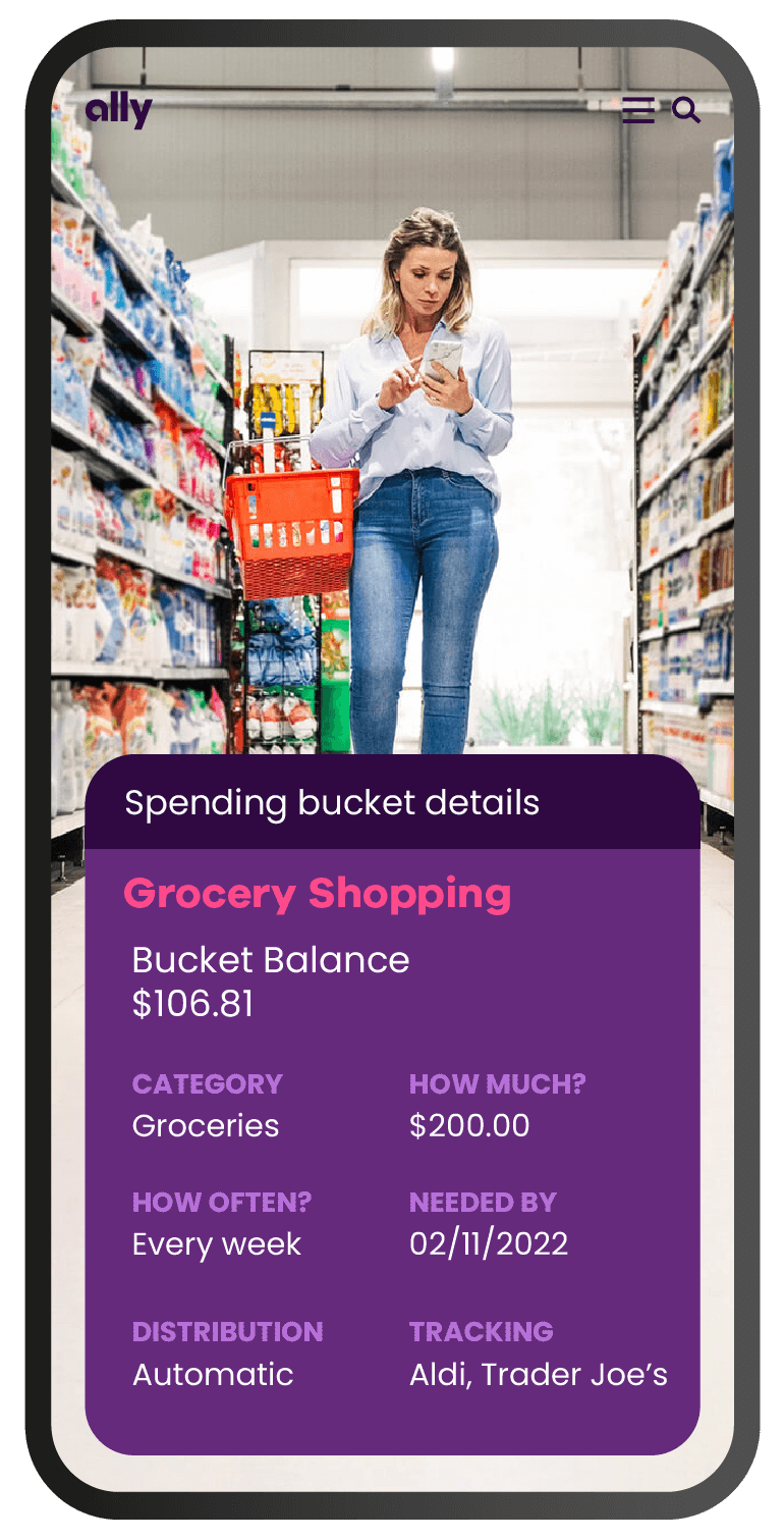 A phone screen depicting a white, blonde-haired woman with a shopping cart underneath a stylized example of a savings bucket for grocery shopping. 