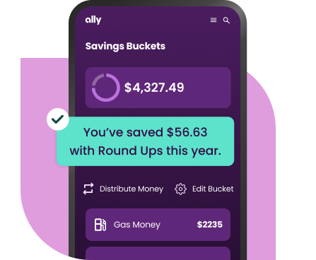 A phone screen showing savings buckets and boosters with the text "You've saved $56.63 with Round Ups this year"