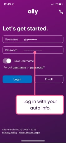 Ally Auto App login screen with an arrow pointing to the login information