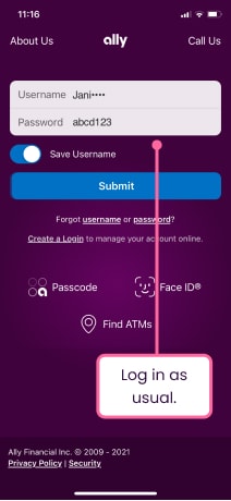 Ally Banking & Investing App login screen