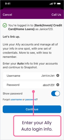 App screenshot of an intermediary screen informing people to enter their Ally Auto login info.