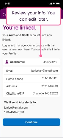 App screenshot informing users their accounts have been linked, and that they can edit their info after continuing.