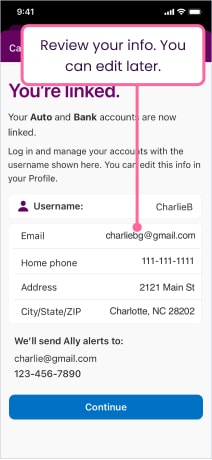 App screenshot informing someone their accounts have been linked, and that they can edit their info after continuing.