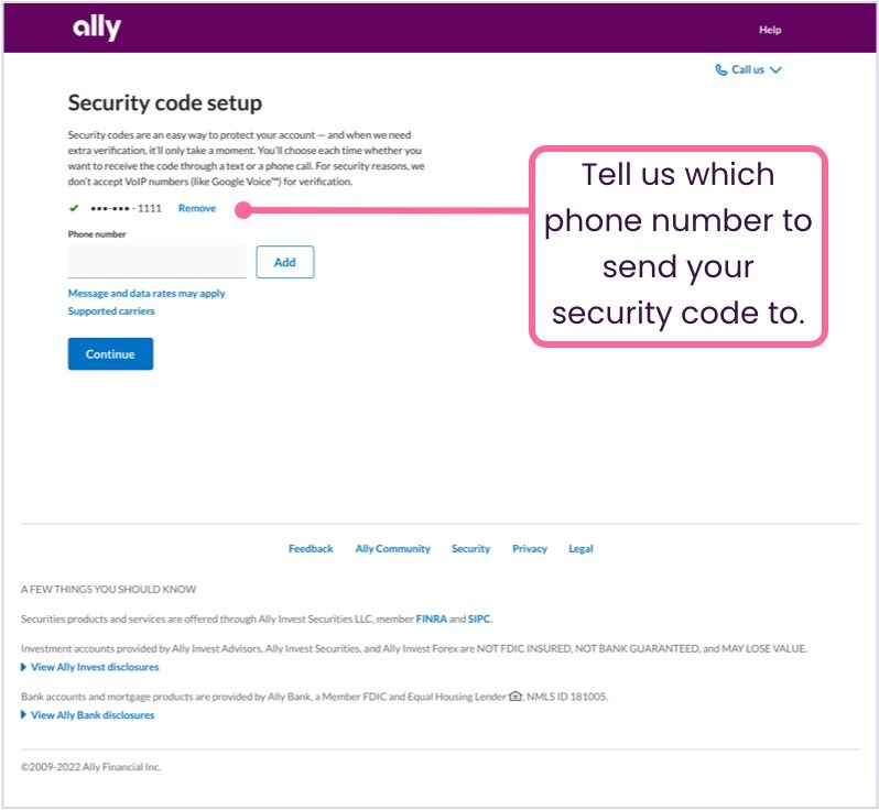 Ally.com security code setup screen, informing users what a security code is and displaying their existing phone numbers, with options to add, delete, or confirm and continue