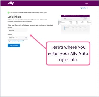 Ally.com screenshot informing people to link up their accounts.