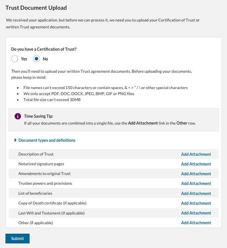 A screenshot highlighting the trust document upload step of the trust account opening process.