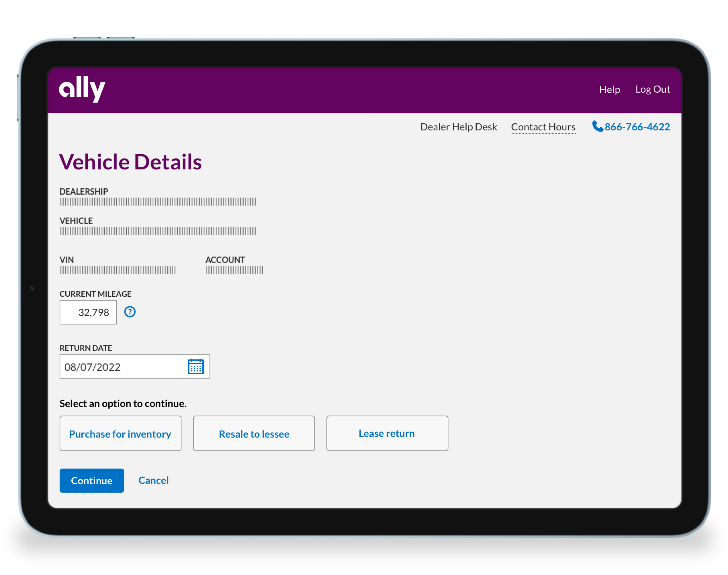 tablet displaying Ally's Vehicle Details account page
