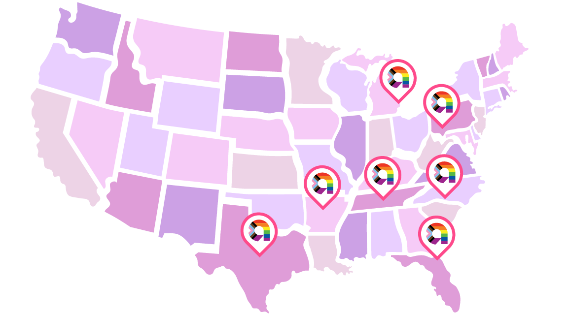 Map of the United States with an Ally ‘A’ over Dallas, Detroit, Mich., Nashville, Tenn., Charlotte, N.C., Jacksonville, Fla., and Little Rock, Ark.