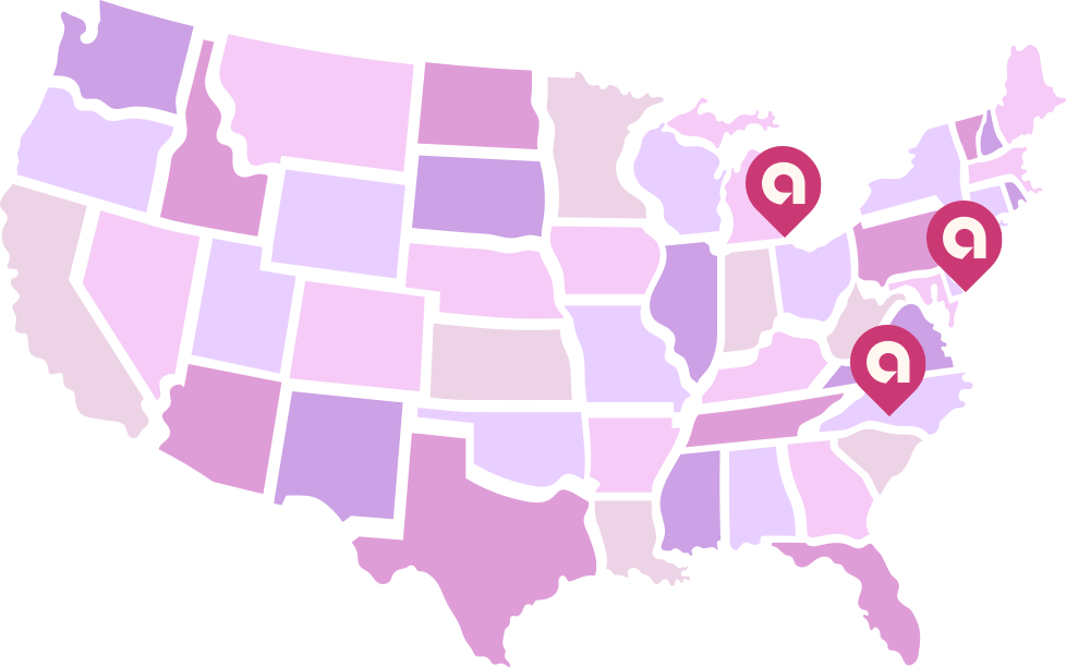 An image of a map with Ally truth mark pins sitting on the approximate location of Charlotte, Detroit and Philadelphia.