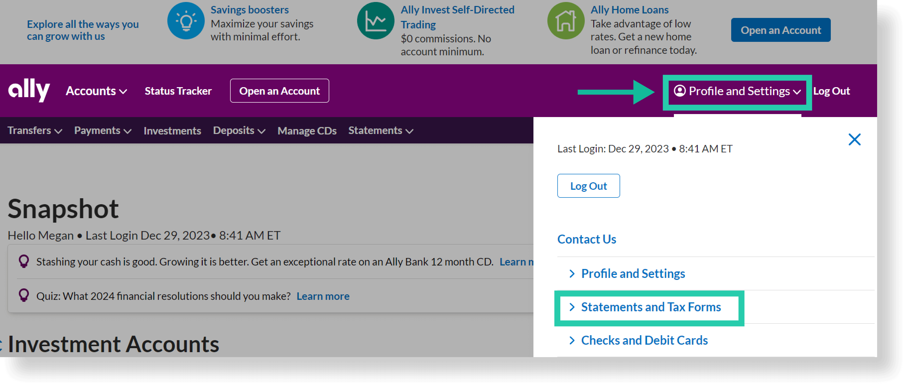 image of Snapshot page with arrows pointing to Profile and Settings link and highlighting the Statements and Tax Forms link