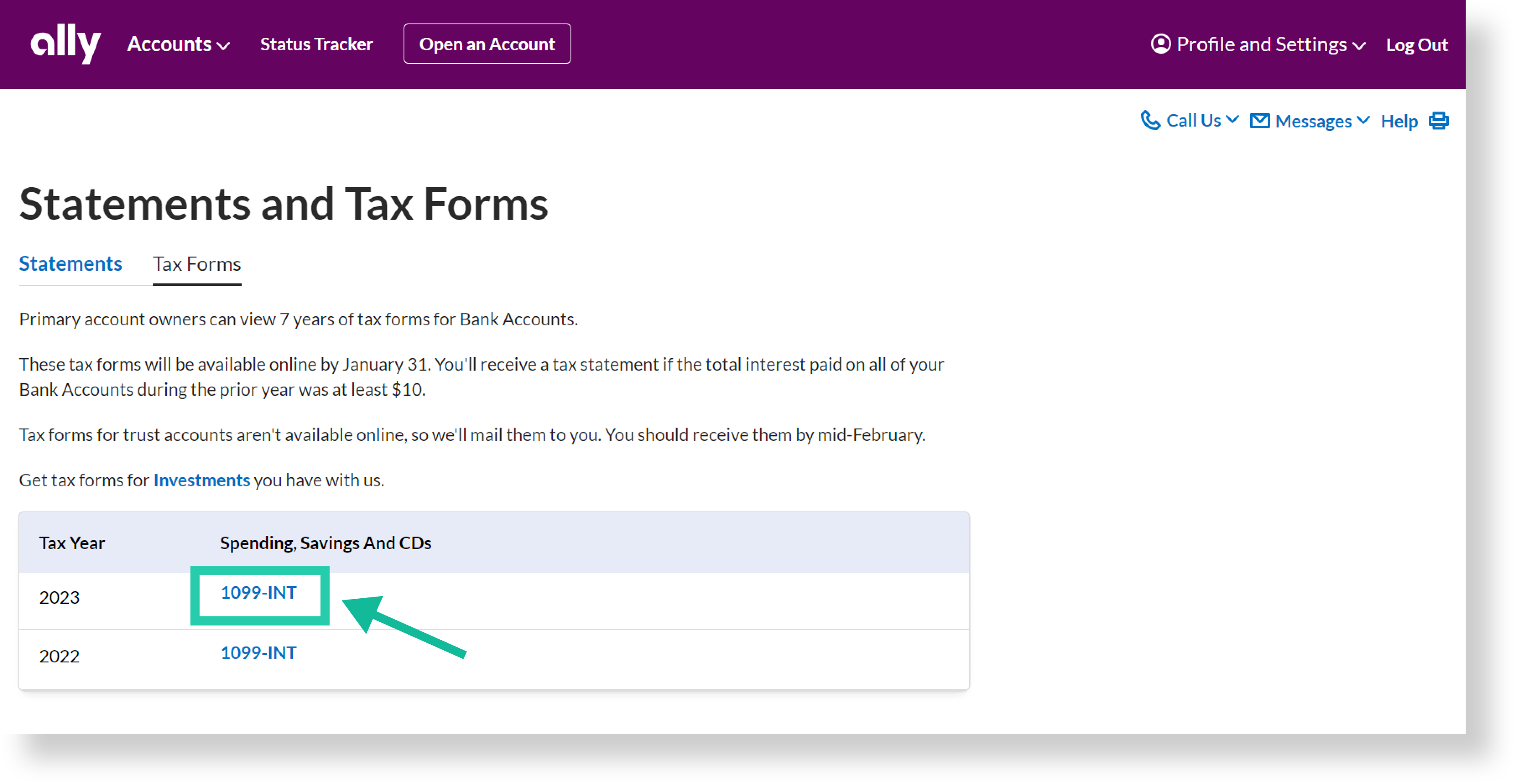 image of Tax Forms page with arrow pointing to a 1099-INT tax document download link