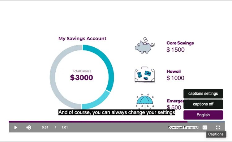 An image from Ally’s digital platform displaying closed captions which would enable people, who are hard of hearing or deaf, to read and do their transactions.