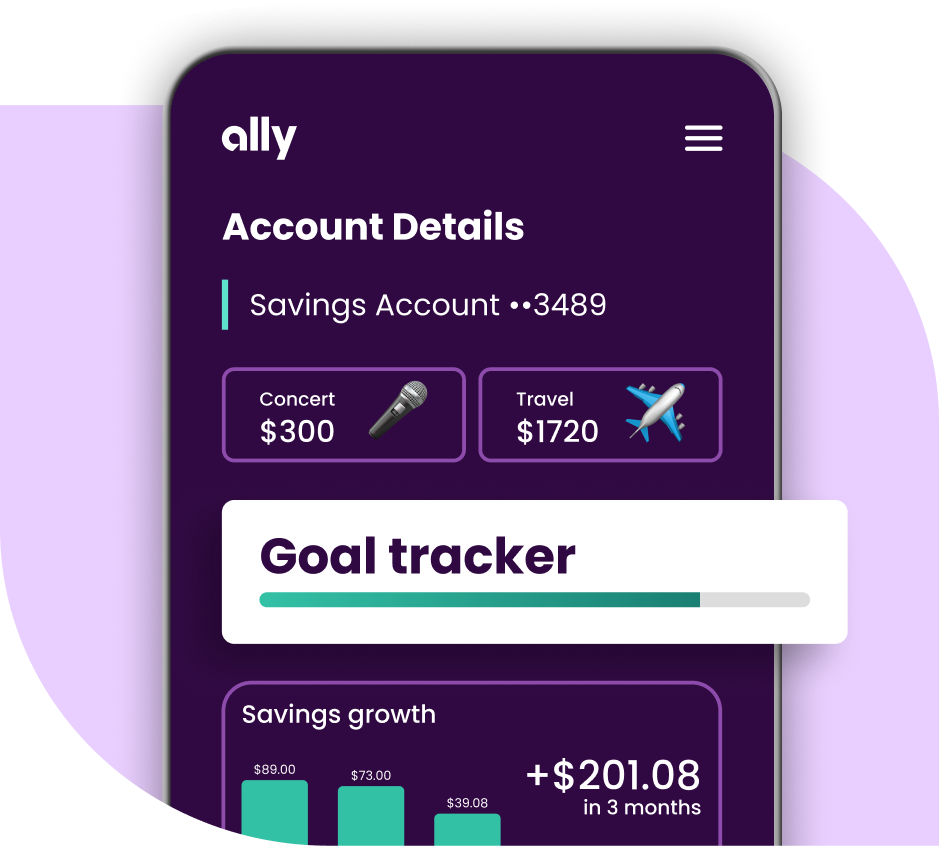 A phone screen showing a Savings Account with savings buckets, a progress chart and a goal tracker