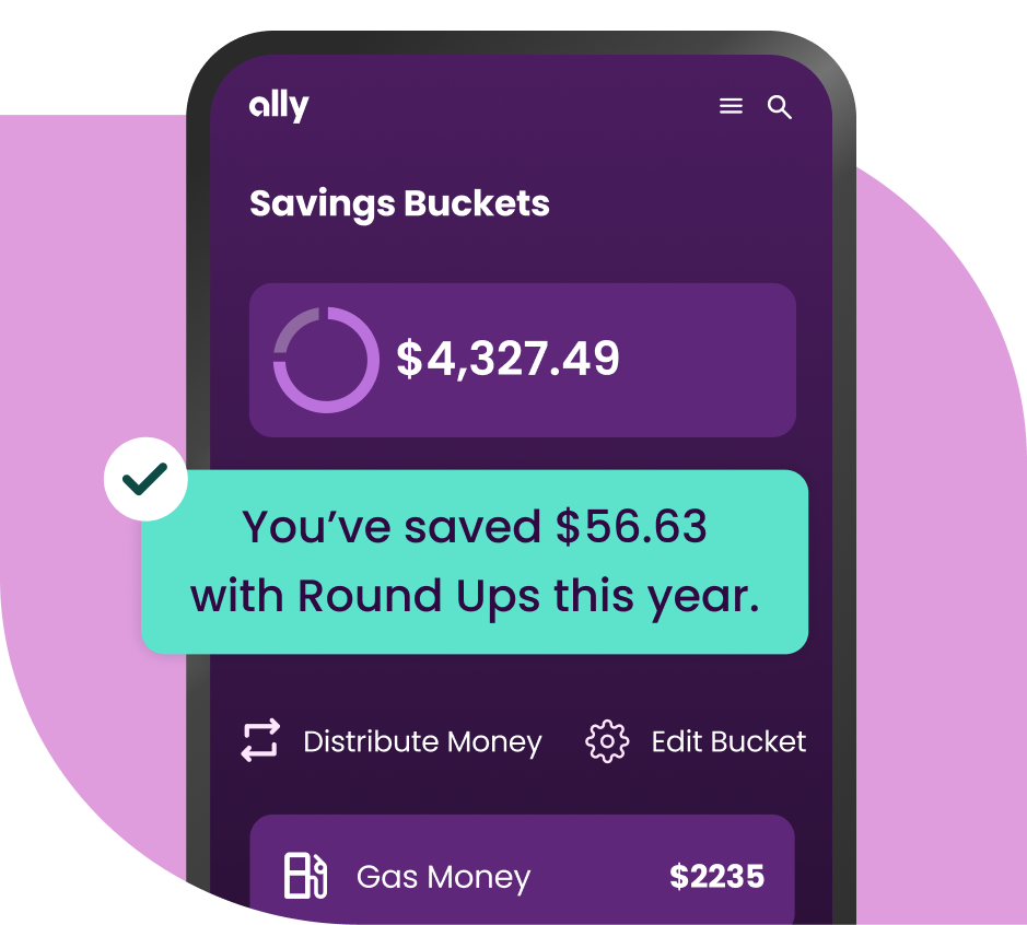 A phone screen showing savings buckets and boosters with the text "You've saved $56.63 with Round Ups this year”
