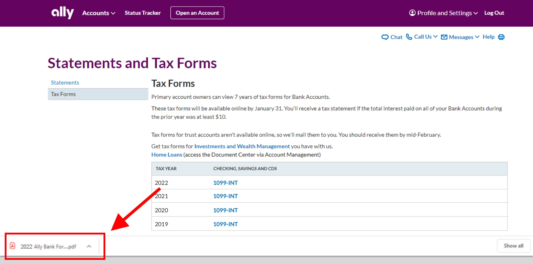 image of Tax Forms page with arrow pointing to downloaded document button