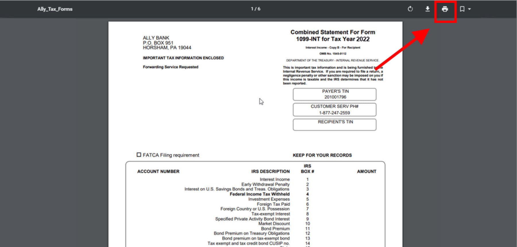 image of opened tax document with arrow pointing to printer icon in submenu