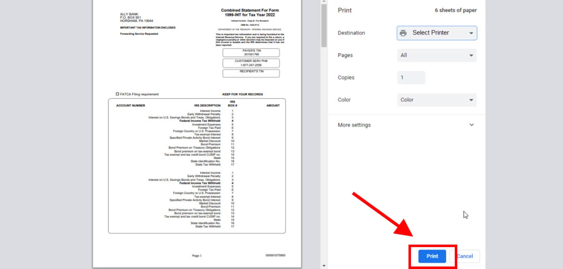 image of tax document print preview screen with arrow pointing to Print button
