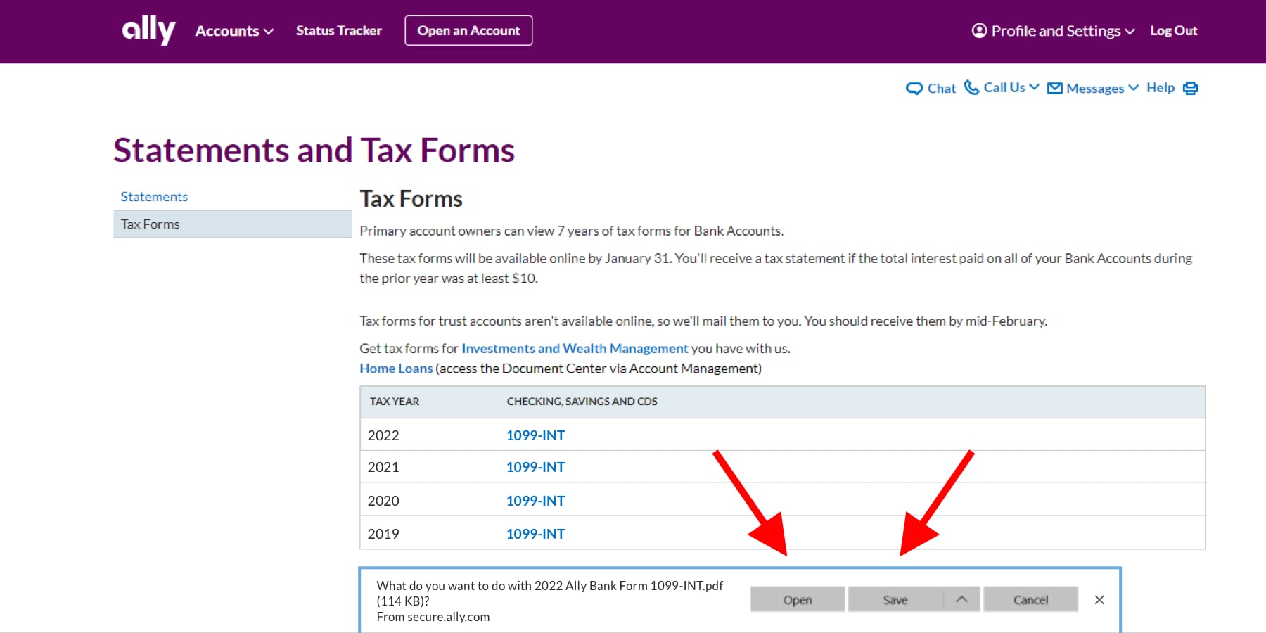 image of Tax Forms page with arrow pointing to Open button