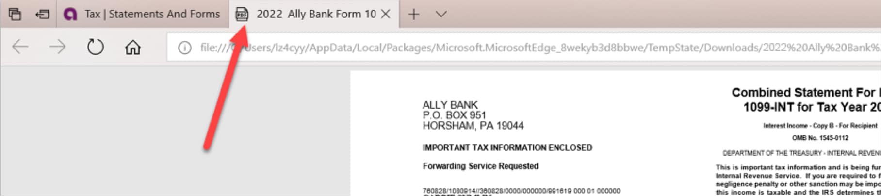 image of opened tax document displaying in a new Internet Explorer browser tab