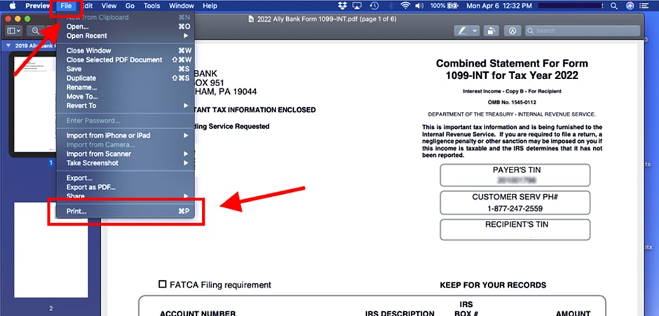 image of tax document opened in Preview with file menu expanded and arrow pointing to the Print option