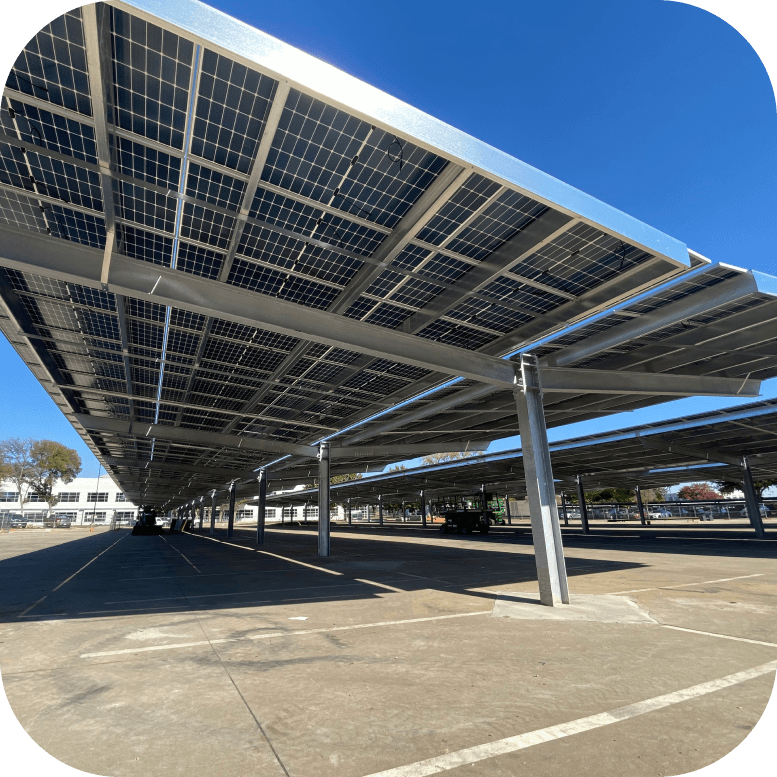 A parking lot with solar canopies.