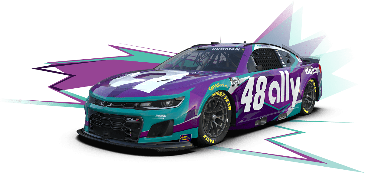 The purple and green printed Ally 48 race car.