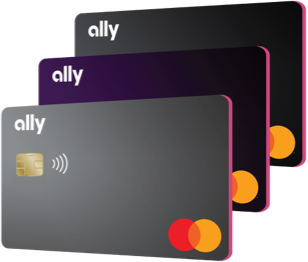 three horizontally overlapping Ally credit cards, a grey card in front, purple card in the middle and black card in back.