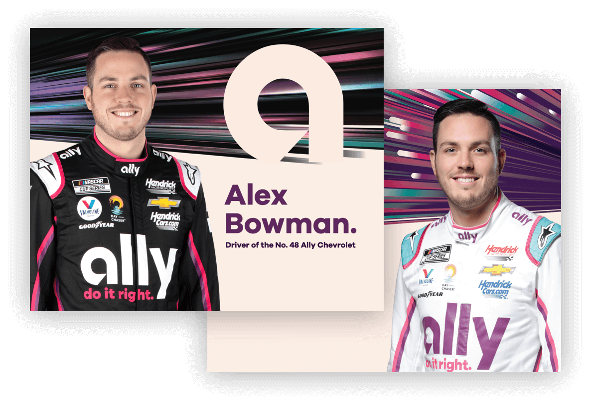Two hero cards featuring Ally 48 driver Alex Bowman: In one he’s wearing a black Ally fire suit and in the other he’s wearing a white Ally fire suit.