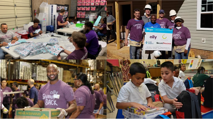 4 images showing Ally employees volunteering including folding blankets, building a house, working in a warehouse, and in a classroom setting.