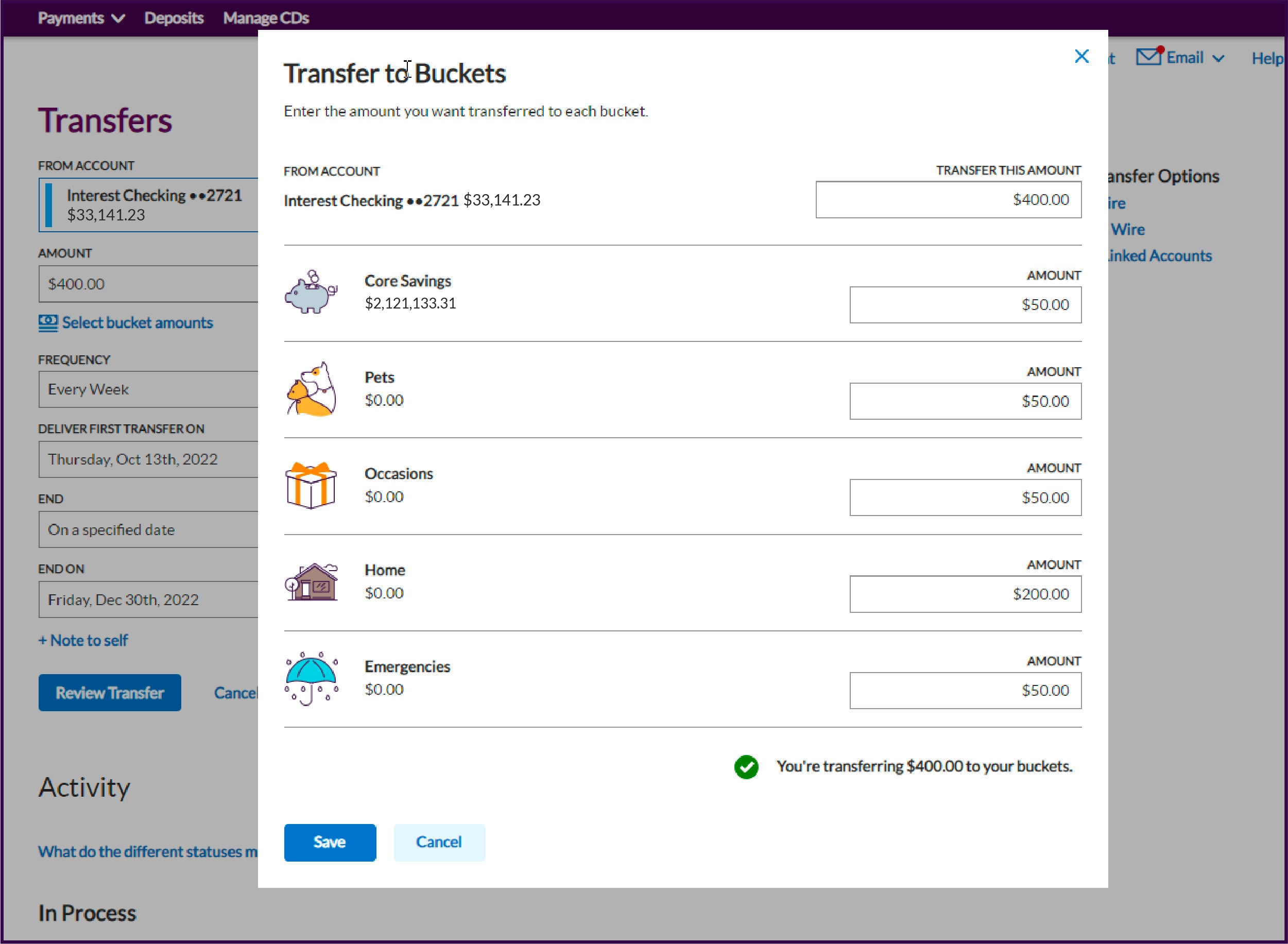 Screenshot of how to allocate certain amounts of money to different buckets. This example shows $50 to Core Savings, $50 to Pets, $50 to Occasions, $200 to Home, and $50 to Emergencies.