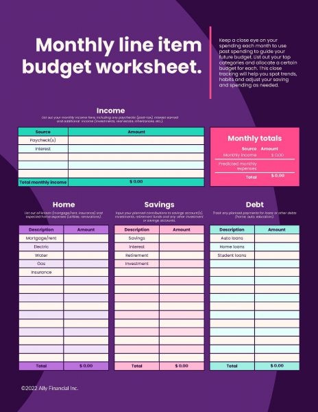 Graphic with title, Monthly line item budget worksheet. Keep a close eye on your spending each month to use past spending to guide your future budget. List out your top categories and allocate a certain budget for each. This close tracking will help you spot trends, habits and adjust your saving and spending as needed.
