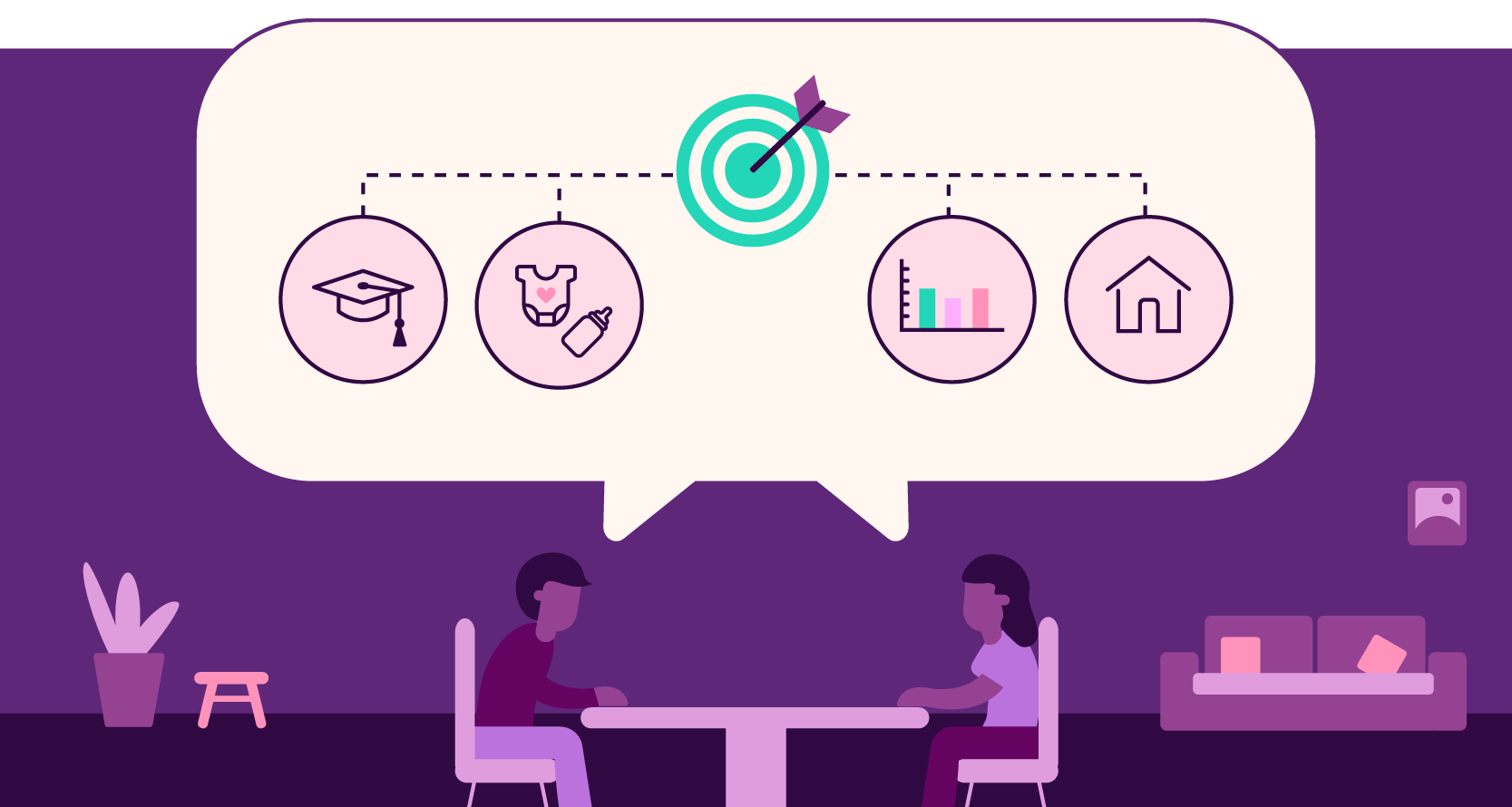 Illustration of a couple sitting at a table with a shared thought bubble showing a target and goals leading up toward the target: College, baby, investments, and home.