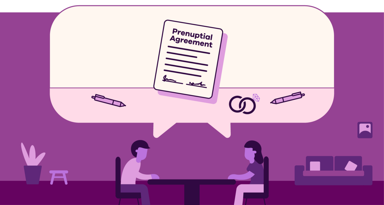 Illustration of a couple sitting at a table with a shared thought bubble showing a prenuptial agreement, wedding rings, and two pens.